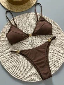 Swim Chiccia Damen einfarbiger gerippter Badeanzug-Set mit metallischer Verzierung, elegant und sexy, für Frühling/Sommer - Schokoladenbraun - Übersicht 4