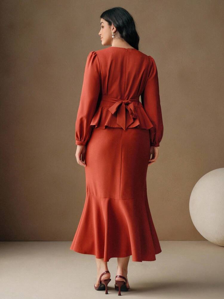 Plus Size Women V-Neck Ruffle Hem Midi Dress, Suitable For Fall, Winter, Spring, New Year, Party, Wedding, Elegant, Chic, Stylish, Casual, Cozy, Graduation, Christmas