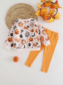 SHEIN Bộ áo nỉ dài tay họa tiết hoạt hình dễ thương cho bé gái và quần cạp chun, phù hợp cho mùa thu/đông và Halloween - Nhiều màu - Xem 2