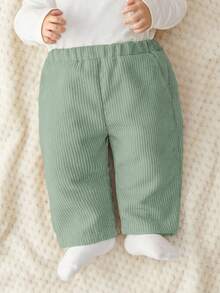 SHEIN Newborn Baby Soft Corduroy Fabric All-Match Versatile Sage Green Slant Pocket Loose Straight Leg Pants, Fashionable & Minimalist, Suitable For Home & Outdoor