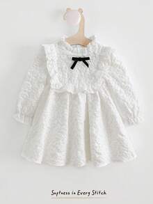 Cozy Pixies Baby Girl White Textured Soft Fabric Solid Color Ruffle Collar Long Sleeve Cinched Waist Cute Princess Style Party Casual Elegant Sweet Jacquard Bow Decor Fashion Long Sleeve Dress, Suitable For Autumn/Winter - Beige - View 3