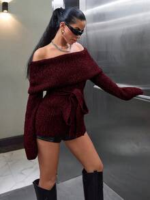 SHEIN Cottnline 女士露肩腰带舒适冬季毛衣套头衫 - 酒紅色 - 查看 7