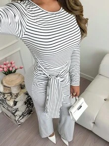 Xyvia Macacão longo feminino, listrado, justo, com cintura fina e dupla face, elegante e confortável para festas e uso diário, outono/inverno