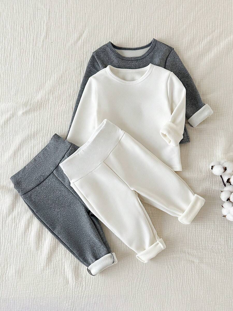 SHEIN 2 件套幼儿男童羊毛睡衣,长袖圆领上衣 + 裤子,柔软毛绒面料,舒适家居服,秋冬 - 彩色 - 查看 1