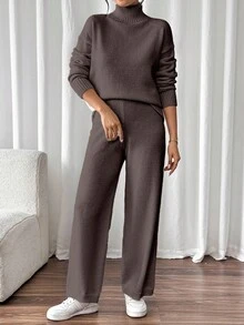 SHEIN 2件套休闲纯色立领毛衣和针织裤，秋冬 - 棕色 - 查看 4