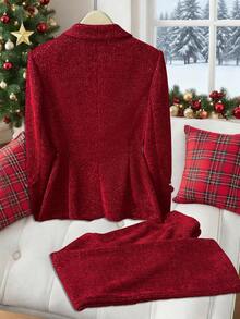GlowEve Women's Shiny Flare Pants Christmas Suit Set - Burgundy - View 2