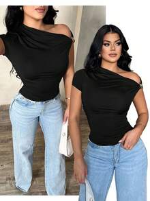 SHEIN SXY Plus Size Women's Basic Solid Casual Asymmetric Shoulder Exposed Top, Black, Versatile Summer Blouse Black Top One Sleeve Top Black Top One Shoulder Top Black One Shoulder Top Black Tops Women Women Black Top