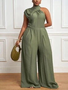 Veslaya 2025秋冬新款休闲度假日常约会通勤优雅沙滩邮轮派对简约网红爆款高领无袖一字肩宽松连体裤阔腿裤 - 綠色 - 查看 13