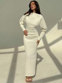 Aloruh New Solid Color Versatile Elegant Intellectual Minimalist Office Commute Ruched Decor Loose Top Tight Waist Bodycon Maxi Long Sleeve Dress - White - View 8