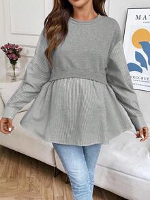 SHEIN 孕妇休闲通勤拼布条纹二合一运动衫，春秋季 - 灰色 - 查看 5