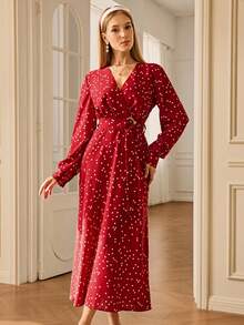 Chiquease Textured Fabric Wrap V-Neck Cinched Waist Waist Decor Long Sleeve Mermaid Dress For Women - Red - View 3