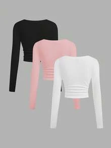 SHEIN EZwear 女款冬季黑白粉百搭色針織抓絨內裡V領收腰修身長袖打底衫休閒百搭T恤上衣 - 彩色 - 查看 2
