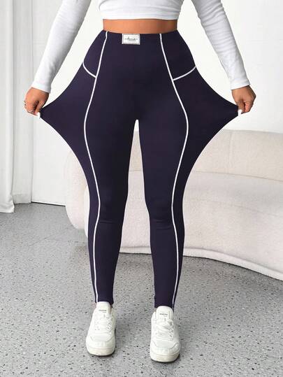 Flirla Plus Size Fashionable Color Block Patchwork Casual Elastic Leggings