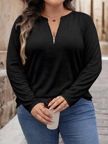 EMERY ROSE 教师节、返校节、音乐节、大码女装、圣诞节和万圣节女装、拉链领T恤、复古黑色纯色女式T恤、大码秋季服装 - 黑色 - 查看 3