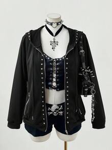 Sunspun Áo khoác nỉ dài tay có mũ trùm đầu phong cách Punk tối màu thời trang cỡ lớn đính đinh tán - màu đen - Xem 1