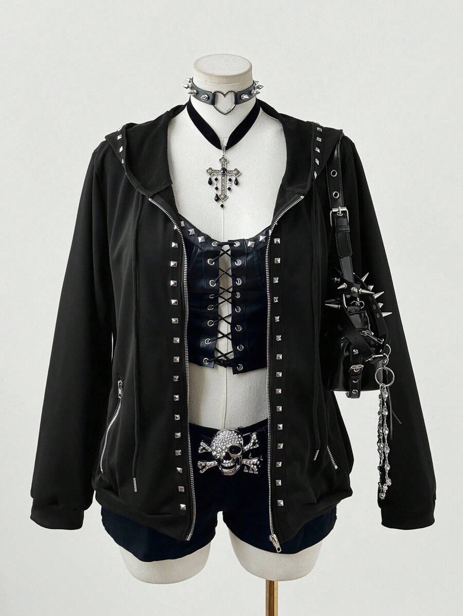 Sunspun Áo khoác nỉ dài tay có mũ trùm đầu phong cách Punk tối màu thời trang cỡ lớn đính đinh tán - màu đen - Xem 1