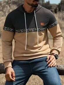 Manfinity Nomadique Men's Casual Contrast Texture Drawstring Hoodie, Spring And Autumn Outing Long-Sleeved Color-Blocking Hoodie, Gifts For Friends, Husbands, Boyfriends