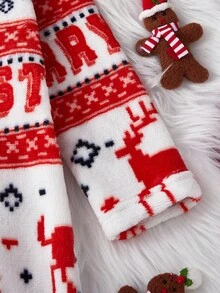 Young Boy Cute Deer Ear Hooded Jumpsuit, Navy Blue & Red, Plush Fabric, Ideal For Christmas, Winter Family Gathering Fall - Red - View 6