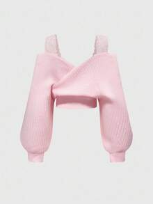 ROMWE Spring Valentine's Day Casual Pink Loose Sexy French Lace Spaghetti Strap Deep V Off Shoulder Sweater - Pink - View 2