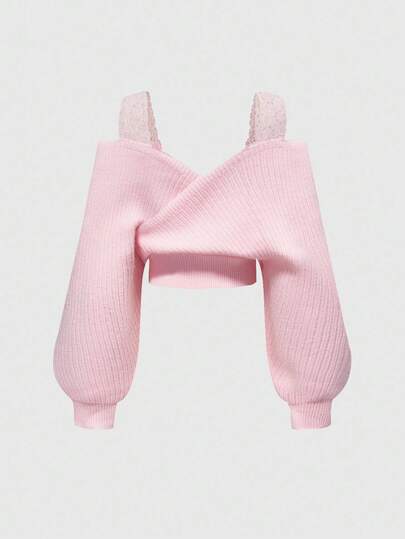 Loose Sexy French Lace Spaghetti Strap Deep V Off Shoulder Sweater