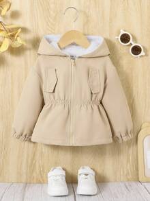 SHEIN 女婴秋冬休闲卡其色羊毛连帽夹克