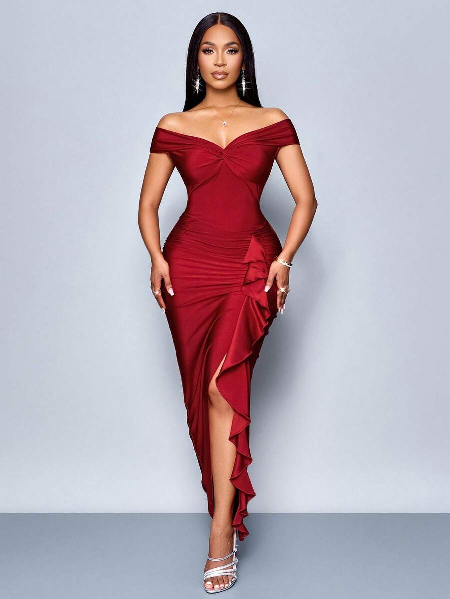 SOLERSUN 夏秋季女士服装派对酒红色露肩短袖前胸中心结侧褶前开衩荷叶边连衣裙 - 紅色 - 查看 1