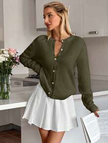 EURMUSE Women's Solid Color Minimalist Cardigan With Gold Buttons, Elegant,Long Cardigans Woman,Petite Cardigans,Cardigans - Army Green - View 5