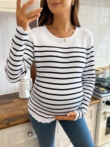 SHEIN Maternity Casual Colorblock Striped Sweater, Autumn - Black and White - View 5