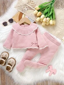 SHEIN Conjunto de 3 piezas de suéter verde para bebé - Blusa de manga larga con cuello Peter Pan + Leggings + Sombrero de moda, Conjunto casual minimalista para recién nacidos