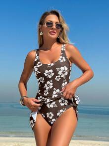 Swim Lushoire 女士花卉印花休闲侧结连体泳衣 - 棕色 - 查看 3