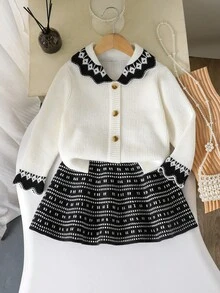 女童毛衣裙套装，荷叶边领针织开衫和百褶裙，适合年轻女孩的学院风针织连衣裙，2025 秋冬新品系列 - 杏色 - 查看 1