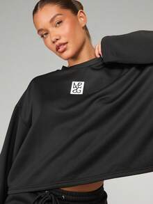 MISSGUIDED Áo nỉ logo dáng croptop thiết kế tối giản tay dài chui đầu cổ tròn thu đông thường ngày dạo phố cơ bản - màu đen - Xem 4