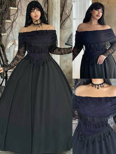 Lyrianda Vestido acampanado con adorno de encaje vintage elegante, color púrpura, adecuado para fiestas, estilo lolita, tallas grandes, otoño/invierno