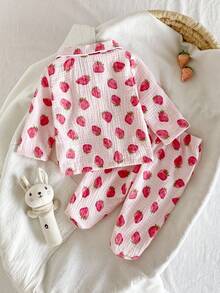 SHEIN 2pcs Newborn Baby Girls' Cute Strawberry Long Sleeve Top Pants Pajama Set Casual Kawaii Sleepwear Autumn Light Pink Clothes Lounge Night - Baby Pink - View 2