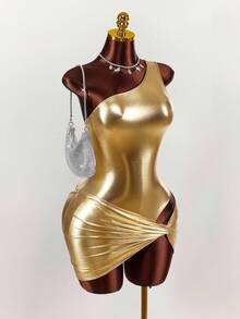 Váy ngắn hở vai ánh kim gợi cảm Y2K Amplova dành cho nữ, váy bodycon dự tiệc 2 mảnh không tay nhún bèo, màu sáng bóng thích hợp cho tiệc Gala, tiệc Giáng sinh, váy vàng cho nữ, váy dự tiệc cho nữ, váy dự tiệc cho nữ - Vàng - Xem 1