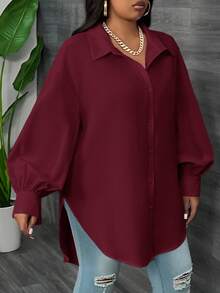 SHEIN CURVE+ Camisa de manga farol de manga larga blanca talla grande, primavera - Burdeos - Ver 4