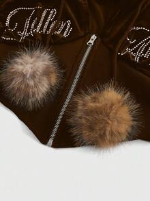 ROMWE J-Fashion 女式天鹅绒 Y2K 水钻拼布连帽领不对称下摆长袖上衣和喇叭裤 2 件套 - 咖啡棕 - 查看 6