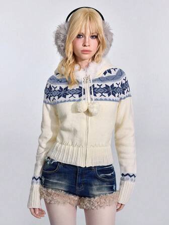 ROMWE Avant Cardigan con cappuccio a maniche lunghe, stile vintage americano college, dolce e speziato, in maglia soffice, colore beige, aderente, con chiusura lampo, adatto per autunno/inverno