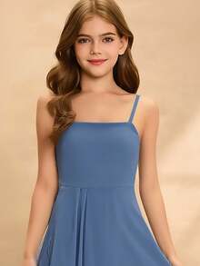 Tween Mädchen-Kleid im eleganten, minimalistischen Stil mit ärmellos, hoher Taille, langem, einfarbigem, fließendem Chiffon-Material, geeignet für Abschluss, Abschlussball, Weihnachtsfeier, Schultanz - Blau - Übersicht 4