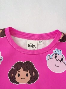 DORA | SHEIN 2 pièces/Set Sweat-shirt à col ras-du-cou à manches longues avec imprimé Dora la Exploratrice pour jeune fille et pantalon de survêtement long avec graphique lettrage, tenue décontractée rose pour les sports de plein air