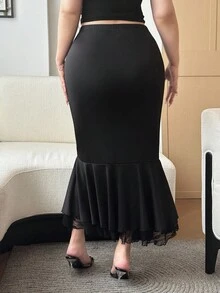 Flirla Plus Size Women Elegant Contrast Lace Slit Hem 2 In 1 Mermaid Hem Pencil Skirt - Black - View 2