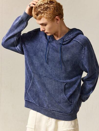 Street Life Men's Solid Color Hooded Pocket Casual Pullover Long Sleeve Washed Sweater, Fall/Winter