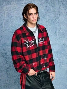 ROMWE MEN Casual Men's Plaid Letter Embroidery Rhinestone Wool Blend Overcoat, Fall/Winter - Multicolor - View 5