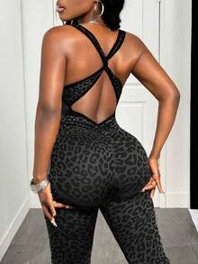 Slaydiva 1pc Leopard Print Knotted Open-Back Plunge Flare Jumpsuit - Multicolor - View 3