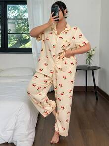 SHEIN 翻领开衫皱樱桃条纹印花短袖睡衣套装 - 黃色 - 查看 5