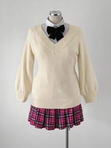 Sunspun Suéter ajustado con cuello en V profundo, estilo retro, para otoño/invierno - Albaricoque - Ver 3