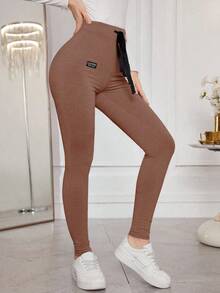 Modelyn Solid Color Drawstring Tight Fit Stretchy Leggings - Coffee Brown - View 5