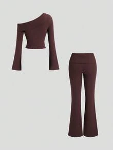 SHEIN Unity Bộ 2 áo len dài tay màu nâu không đối xứng vai và quần dài thoải mái cho nữ, Thu/Đông - màu nâu - Xem 2