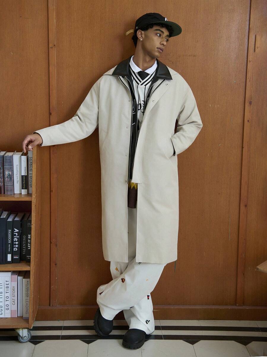 TOKVUE Men Mid-Length Beige Contrast Collar Trench Coat, Fall - Beige - View 1