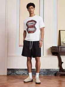 SWAVVY Men's 2 Pieces T-Shirt Set With Street-Style Lips Print Loose-Fit T-Shirt And Knit Shorts
